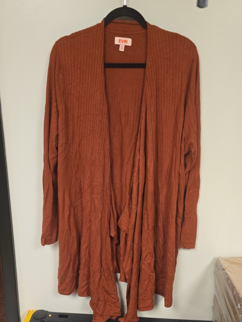 EVRI Women’s Rust Open-Front Long Ribbed Cardigan